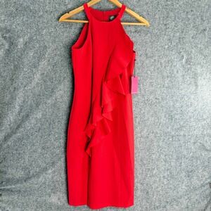 Vince Camuto Womens Dress Sz 4 Red Sleeveless Halter Neck Ruffles Side Slit